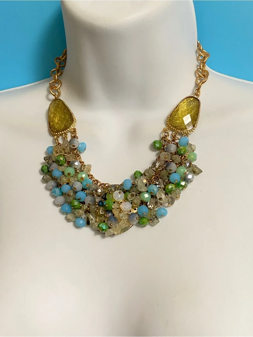JANICE KEELER Glass Beads Statement Necklace Gold Tone Blue Green